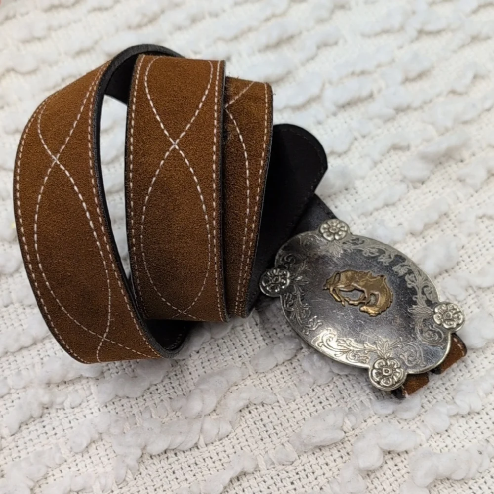 Vintage Western Cowboy Camel Leather Men's Belt Nickel Silver Bronco Buckle